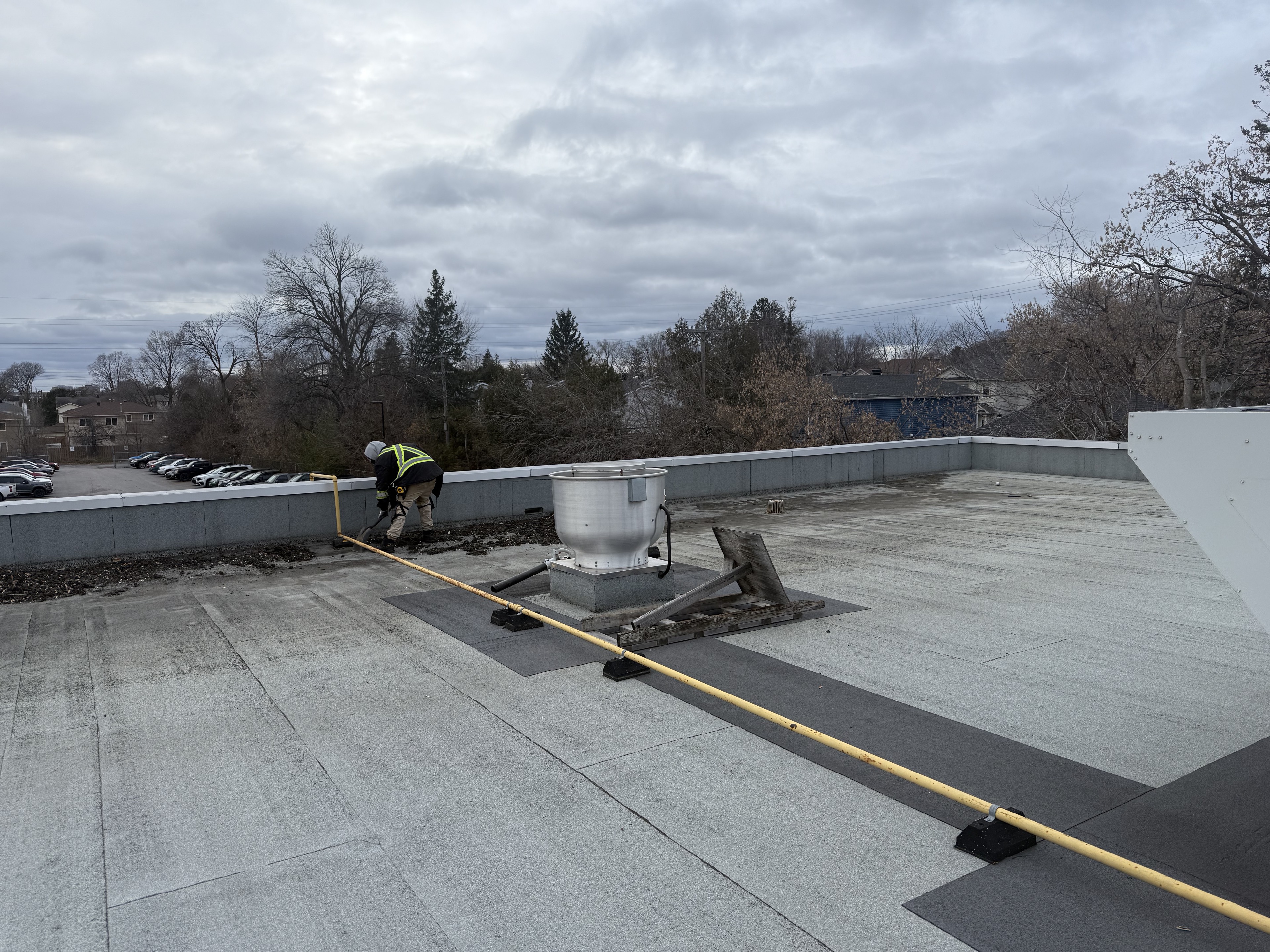 Roof-cleaning work in progress, clearing vegetation and debris along a flat-roof edge