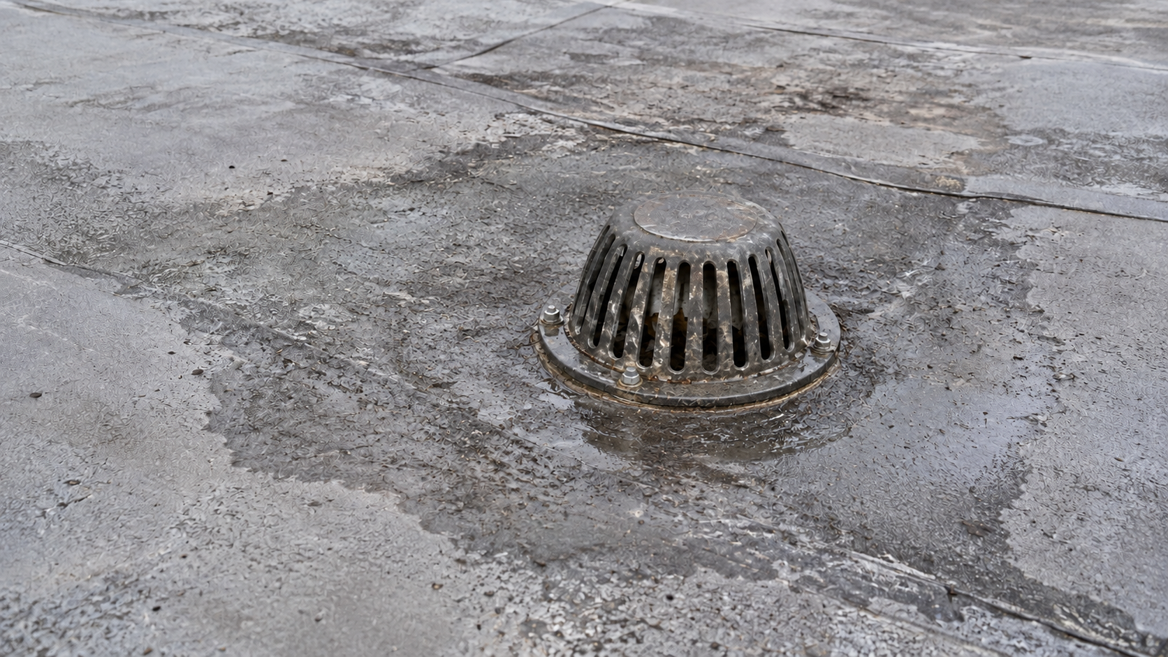 Illustrative roof drain after leaves and mud have been cleared