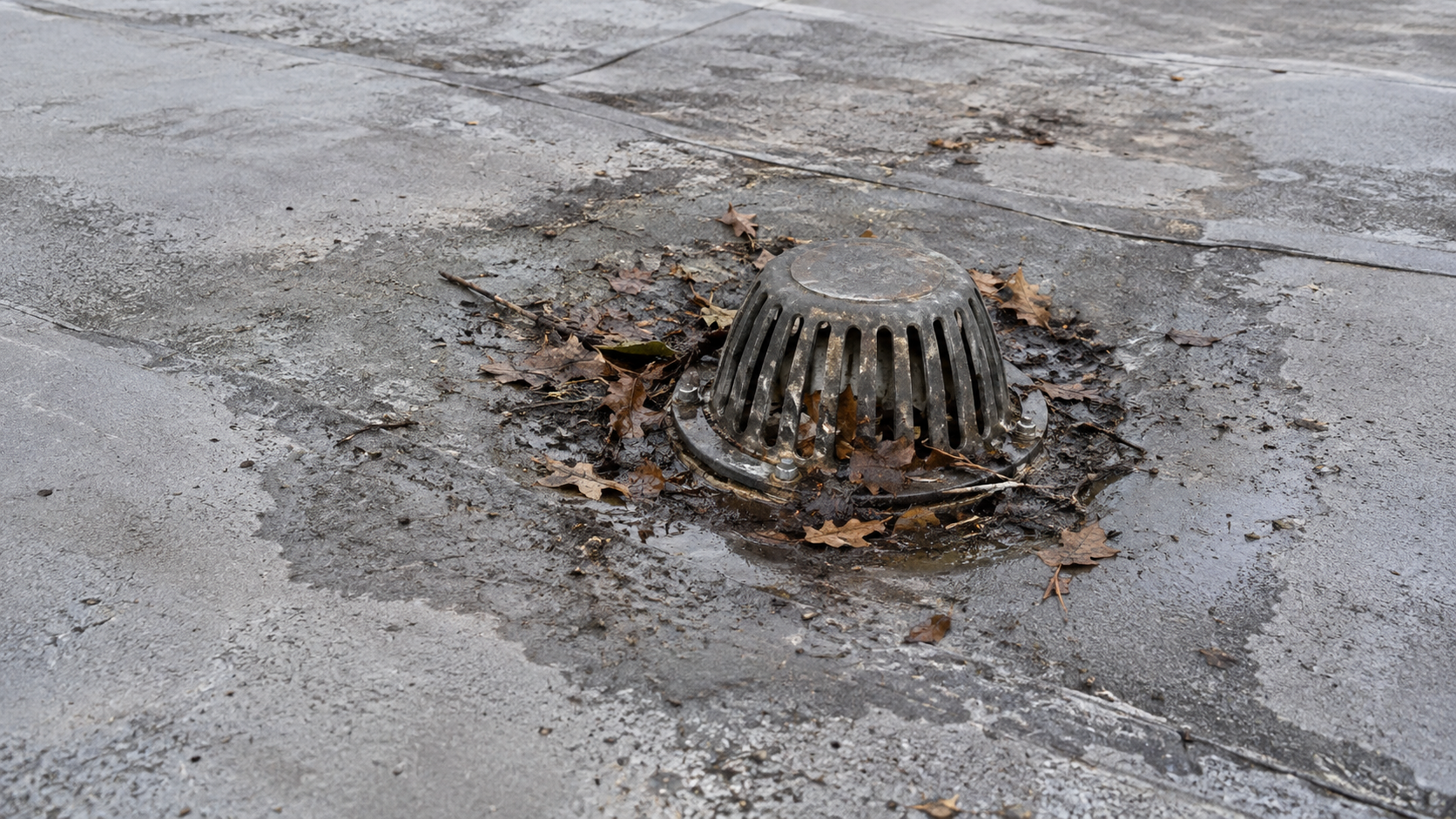 The same illustrative roof drain before cleaning, with leaves and mud around the strainer