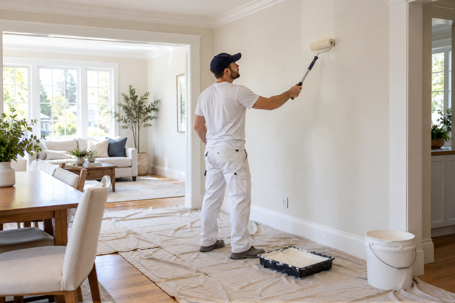 Painter rolling a living-room wall with the floor covered by a drop cloth